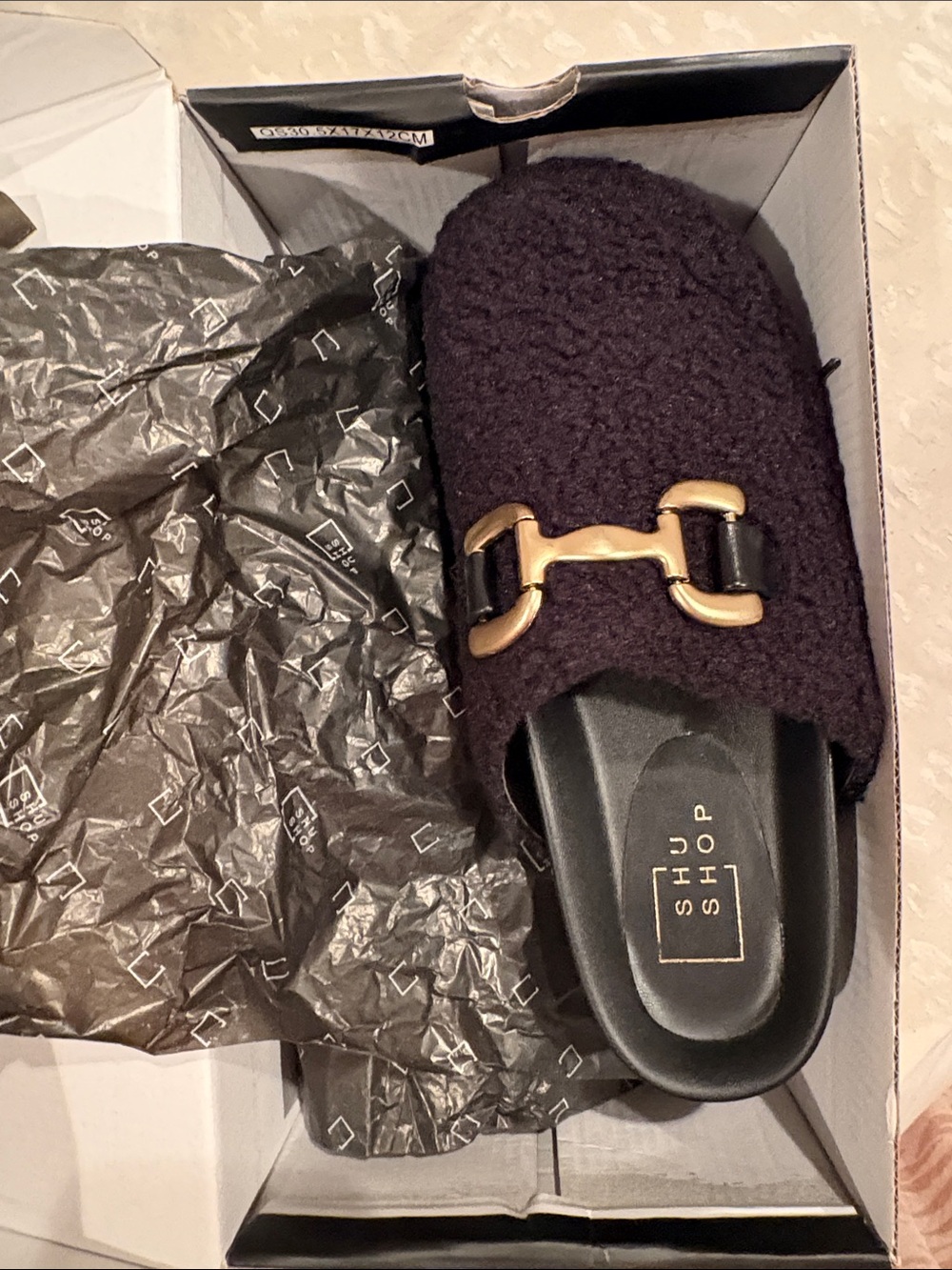 Shushop Azalea  Black Bouclé Slide with Gold Hardware